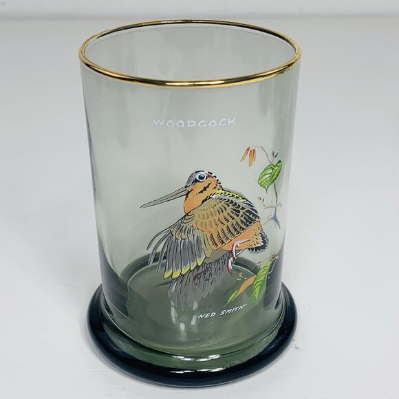 NED SMITH Double Lowball 12 oz Glass Set (4) Smoke Gold Rim Waterfowl Rocks EUC - Picture 3 of 10